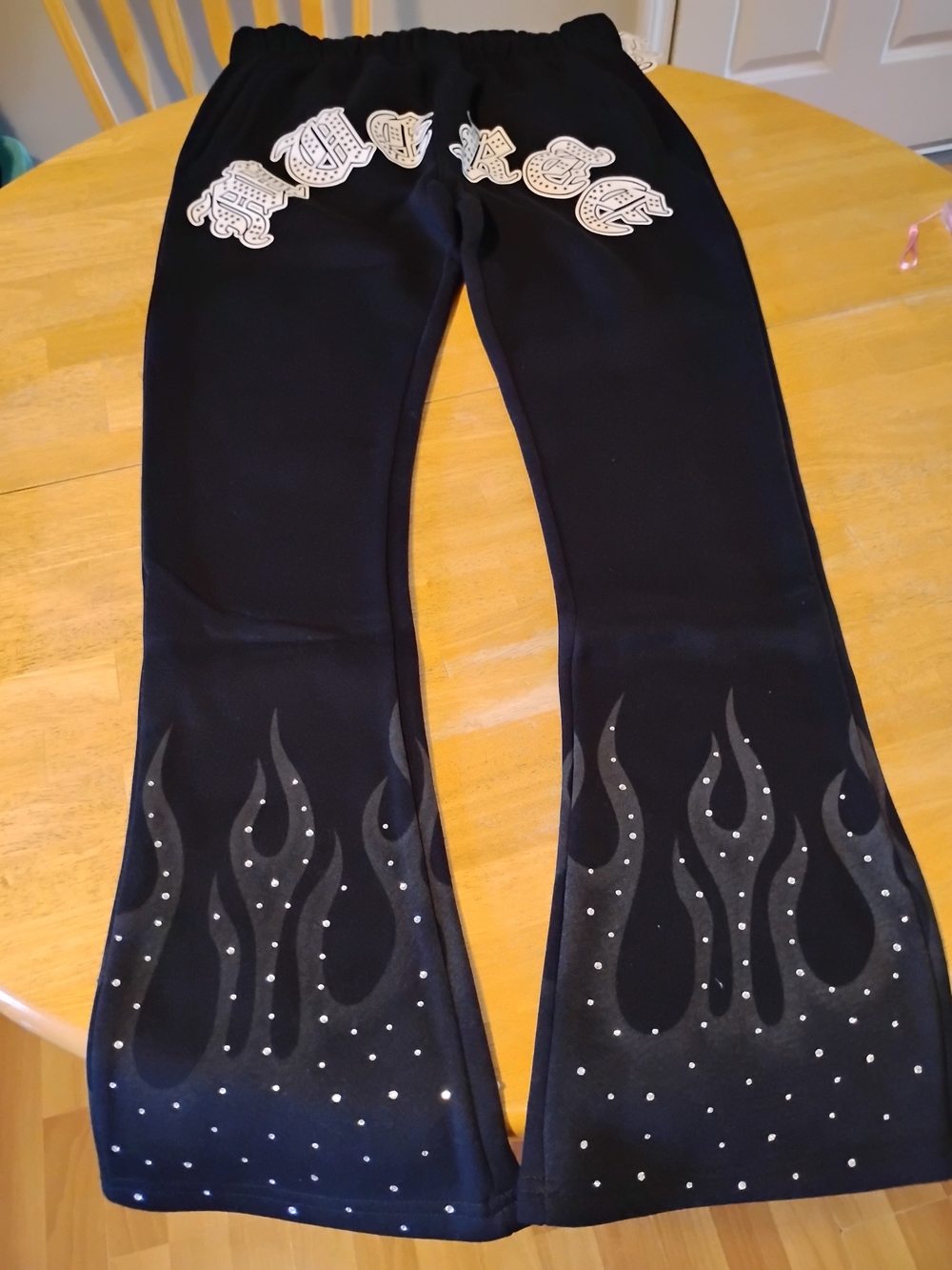 Men's Hasta Muerte Black Flame-Print Rhinestone Bootcut Pants